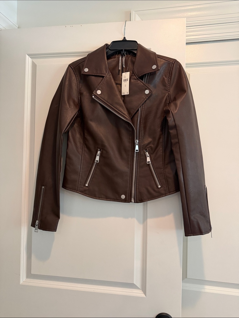 Anthropologie Chocolate Brown Faux Leather Moto Jacket with Silver Hardware, XS